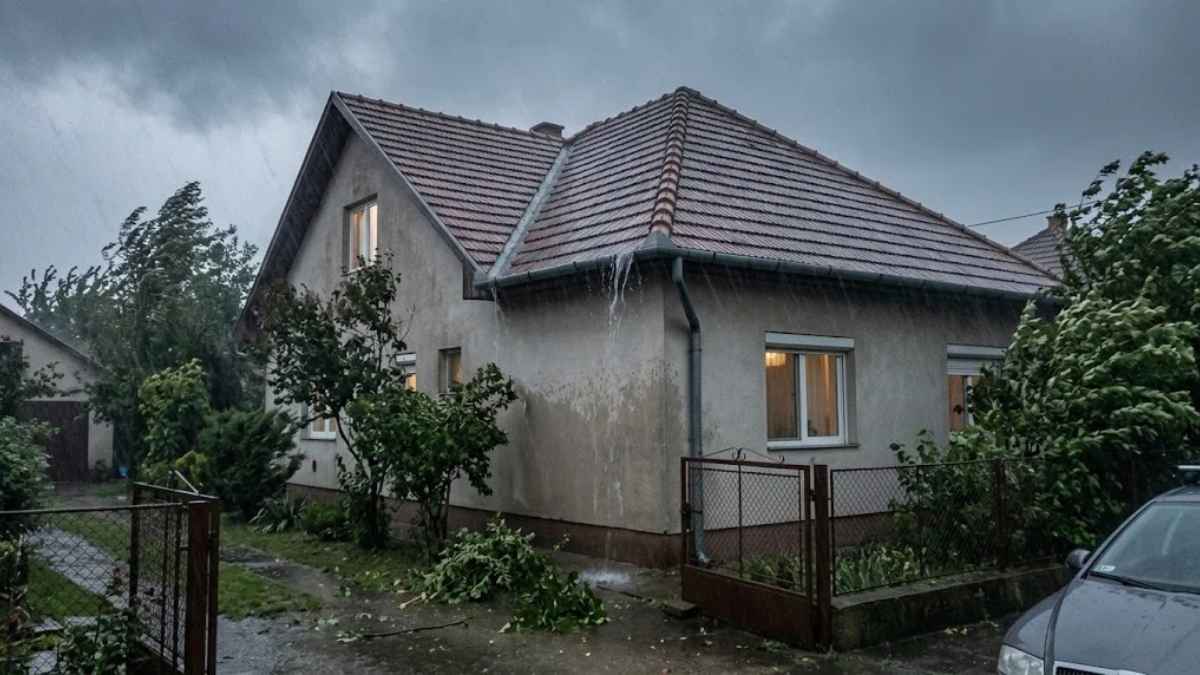 Tető beázása nagy esőben és szélben egy családi házon